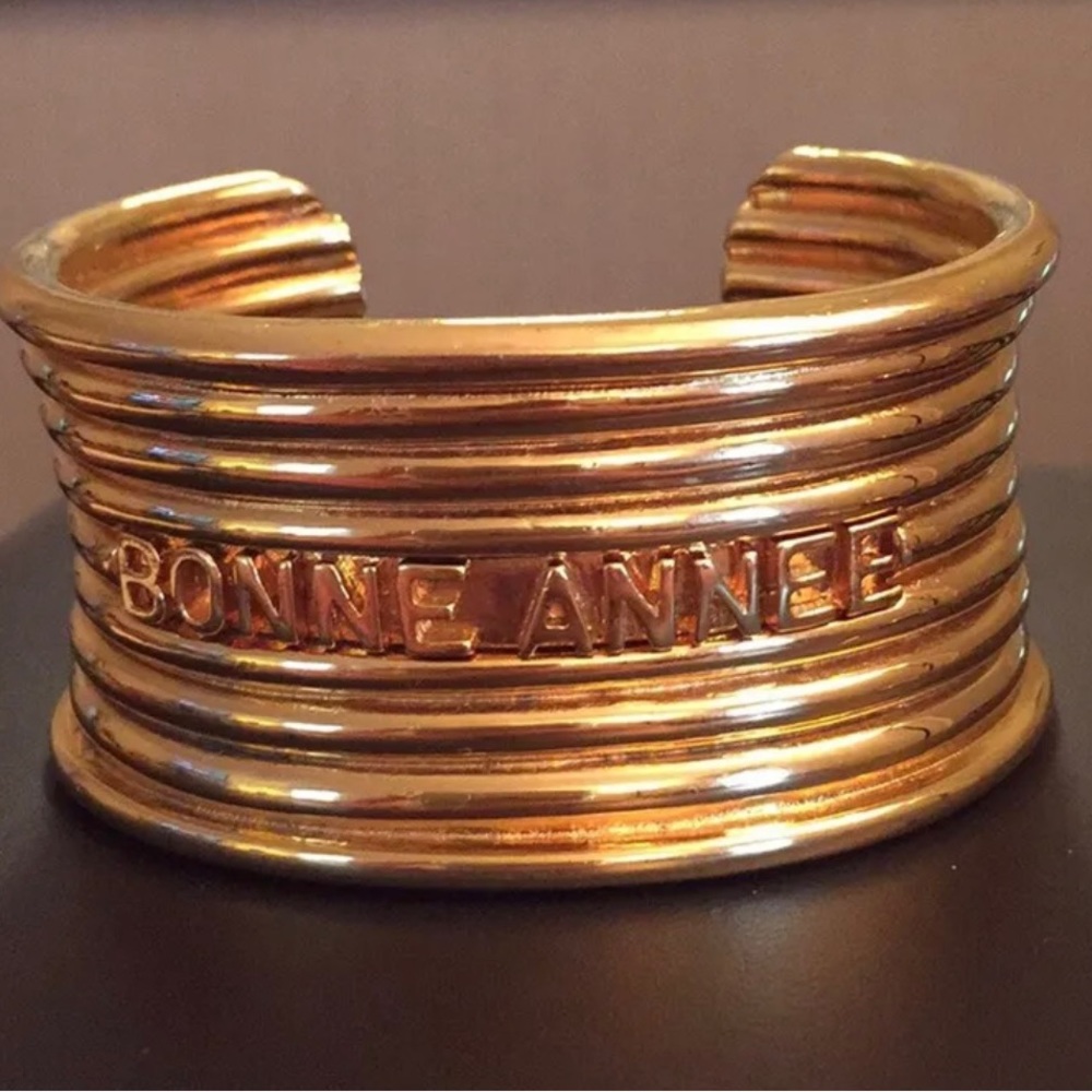 Vintage Dior Bonne Annee Ribbed Cuff Bracelet Gold